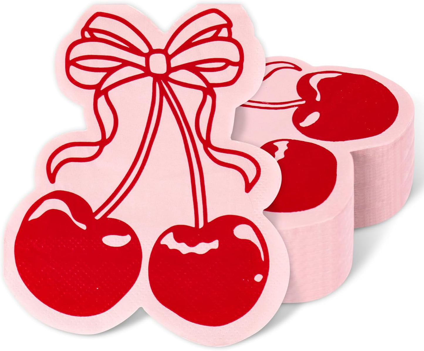 100Pcs Bow Cherry Napkins Cute Cherry Shape Disposable Napkins Red Pink Paper Luncheon Dinner Napkin for Birthday Wedding Baby Bridal Shower Table Supplies