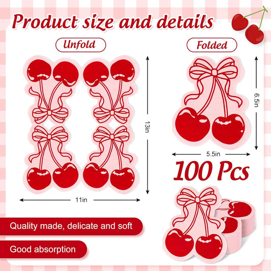100Pcs Bow Cherry Napkins Cute Cherry Shape Disposable Napkins Red Pink Paper Luncheon Dinner Napkin for Birthday Wedding Baby Bridal Shower Table Supplies