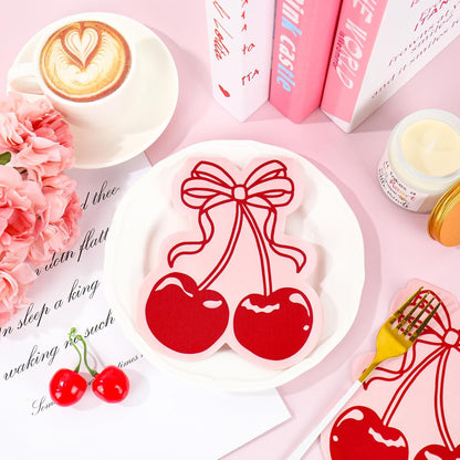 100Pcs Bow Cherry Napkins Cute Cherry Shape Disposable Napkins Red Pink Paper Luncheon Dinner Napkin for Birthday Wedding Baby Bridal Shower Table Supplies