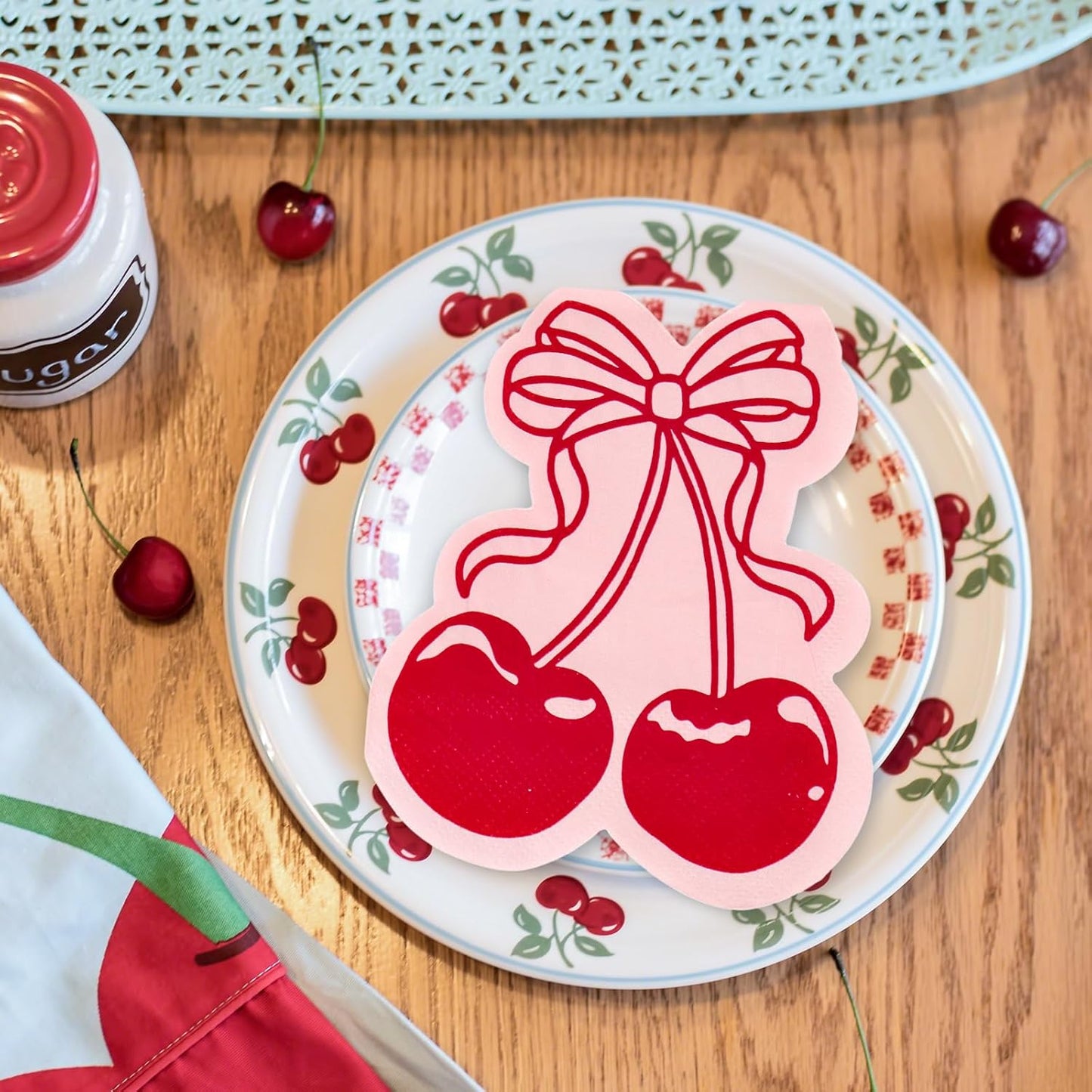100Pcs Bow Cherry Napkins Cute Cherry Shape Disposable Napkins Red Pink Paper Luncheon Dinner Napkin for Birthday Wedding Baby Bridal Shower Table Supplies