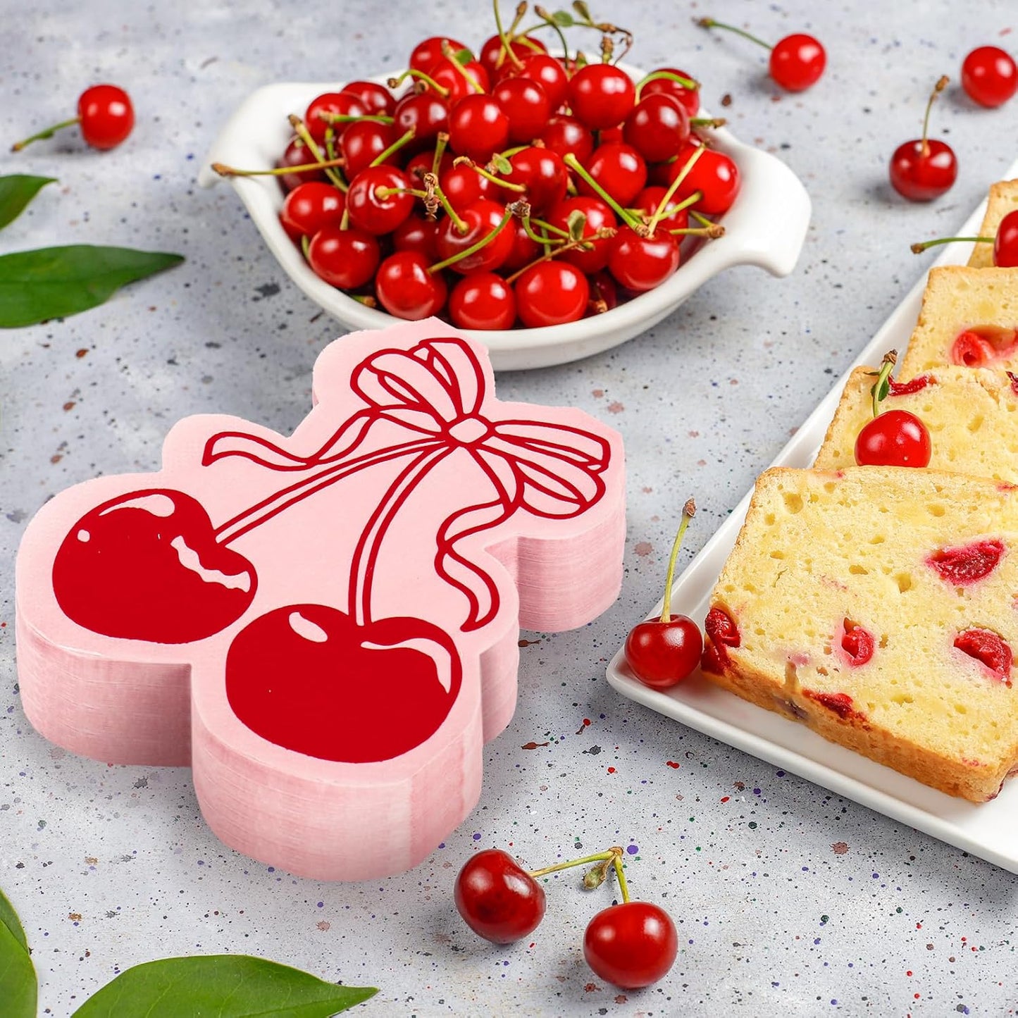 100Pcs Bow Cherry Napkins Cute Cherry Shape Disposable Napkins Red Pink Paper Luncheon Dinner Napkin for Birthday Wedding Baby Bridal Shower Table Supplies
