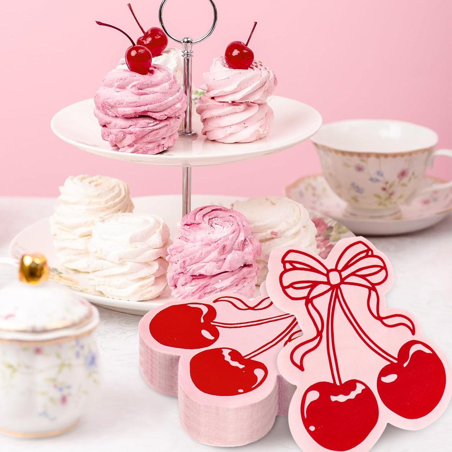100Pcs Bow Cherry Napkins Cute Cherry Shape Disposable Napkins Red Pink Paper Luncheon Dinner Napkin for Birthday Wedding Baby Bridal Shower Table Supplies