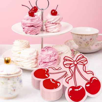 100Pcs Bow Cherry Napkins Cute Cherry Shape Disposable Napkins Red Pink Paper Luncheon Dinner Napkin for Birthday Wedding Baby Bridal Shower Table Supplies