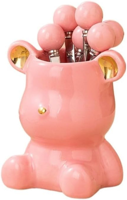 (8 Pieces) 4.33-inch Stainless Steel Fruit Fork Bear Ceramic Storage Jar Set Household Small Fruit Insert Fruit Pick Light Luxury Coffee Spoon Tea Spoon Dessert Spoon Fork (Pink)