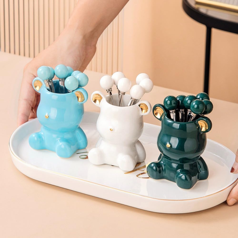 (8 Pieces) 4.33-inch Stainless Steel Fruit Fork Bear Ceramic Storage Jar Set Household Small Fruit Insert Fruit Pick Light Luxury Coffee Spoon Tea Spoon Dessert Spoon Fork (Pink)