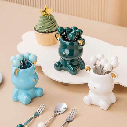 (8 Pieces) 4.33-inch Stainless Steel Fruit Fork Bear Ceramic Storage Jar Set Household Small Fruit Insert Fruit Pick Light Luxury Coffee Spoon Tea Spoon Dessert Spoon Fork (Pink)