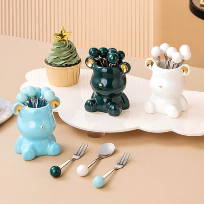(8 Pieces) 4.33-inch Stainless Steel Fruit Fork Bear Ceramic Storage Jar Set Household Small Fruit Insert Fruit Pick Light Luxury Coffee Spoon Tea Spoon Dessert Spoon Fork (Pink)