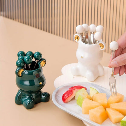 (8 Pieces) 4.33-inch Stainless Steel Fruit Fork Bear Ceramic Storage Jar Set Household Small Fruit Insert Fruit Pick Light Luxury Coffee Spoon Tea Spoon Dessert Spoon Fork (Pink)