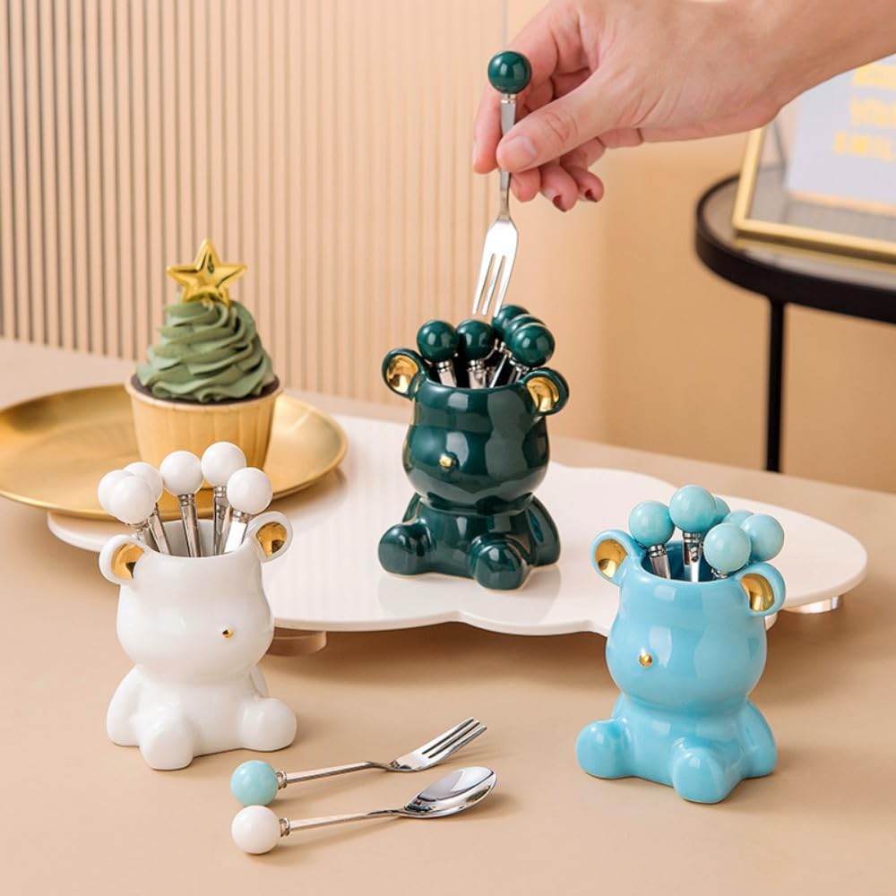 (8 Pieces) 4.33-inch Stainless Steel Fruit Fork Bear Ceramic Storage Jar Set Household Small Fruit Insert Fruit Pick Light Luxury Coffee Spoon Tea Spoon Dessert Spoon Fork (Pink)