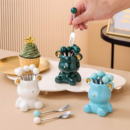 (8 Pieces) 4.33-inch Stainless Steel Fruit Fork Bear Ceramic Storage Jar Set Household Small Fruit Insert Fruit Pick Light Luxury Coffee Spoon Tea Spoon Dessert Spoon Fork (Pink)