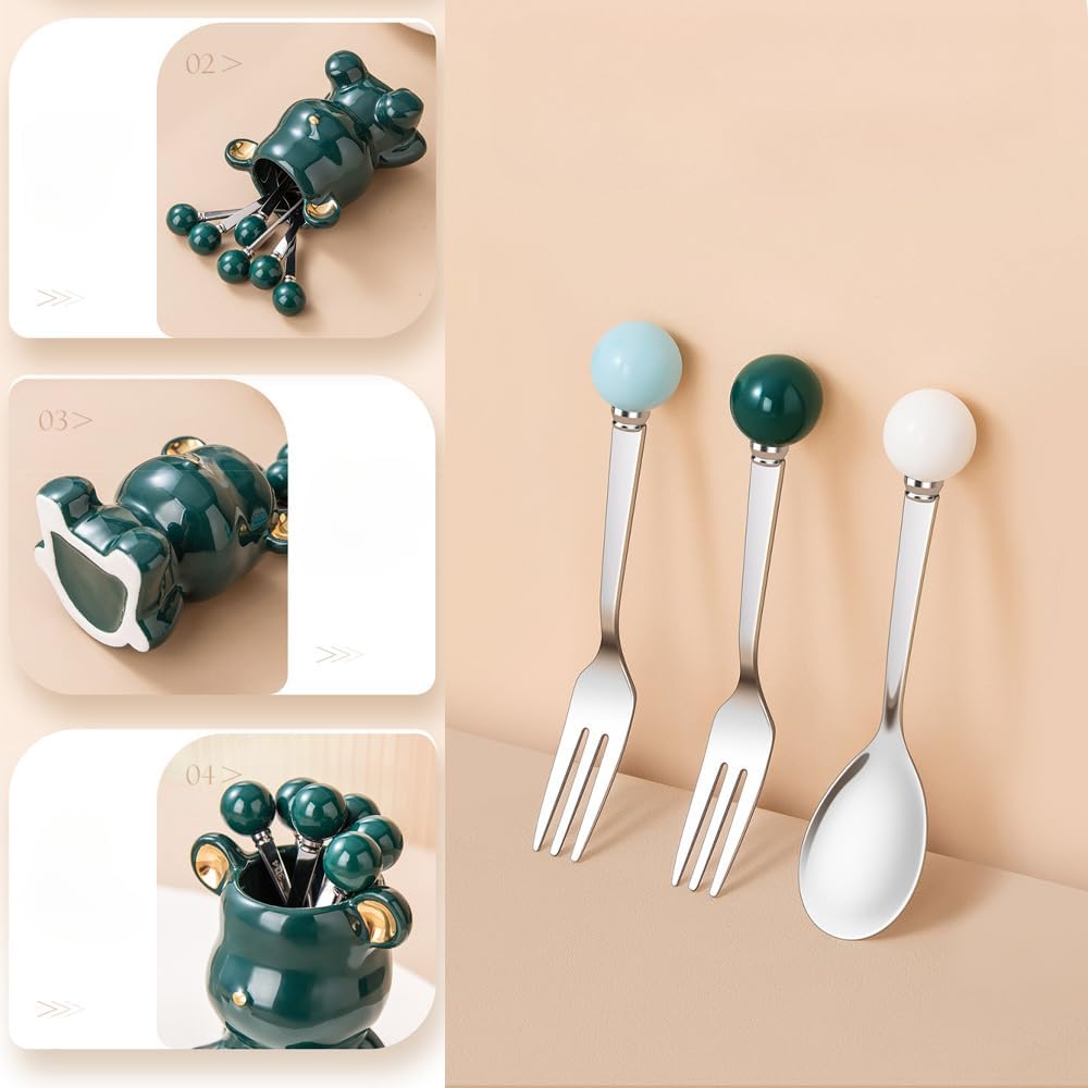 (8 Pieces) 4.33-inch Stainless Steel Fruit Fork Bear Ceramic Storage Jar Set Household Small Fruit Insert Fruit Pick Light Luxury Coffee Spoon Tea Spoon Dessert Spoon Fork (Pink)