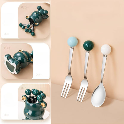 (8 Pieces) 4.33-inch Stainless Steel Fruit Fork Bear Ceramic Storage Jar Set Household Small Fruit Insert Fruit Pick Light Luxury Coffee Spoon Tea Spoon Dessert Spoon Fork (Pink)