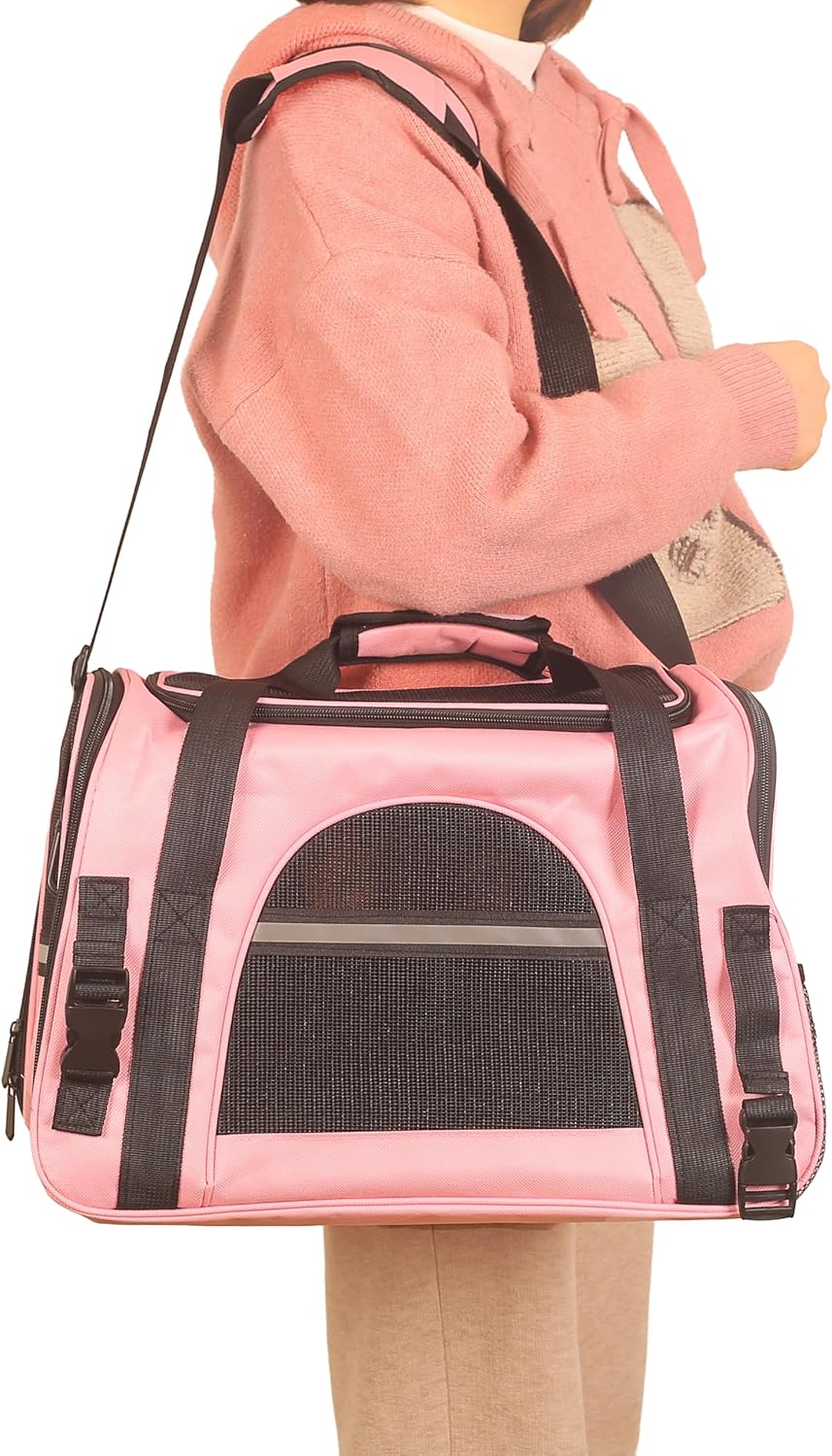 Pink Soft-Sided Cat Carrier, Airline Approved Pets Carrier for Big Cats & Small Dogs, Soft Kitten Travel Bag with Mesh Windows, Animal Carrier Up to 15 Lbs (Pink, Small)