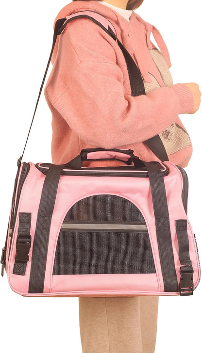 Pink Soft-Sided Cat Carrier, Airline Approved Pets Carrier for Big Cats & Small Dogs, Soft Kitten Travel Bag with Mesh Windows, Animal Carrier Up to 15 Lbs (Pink, Small)