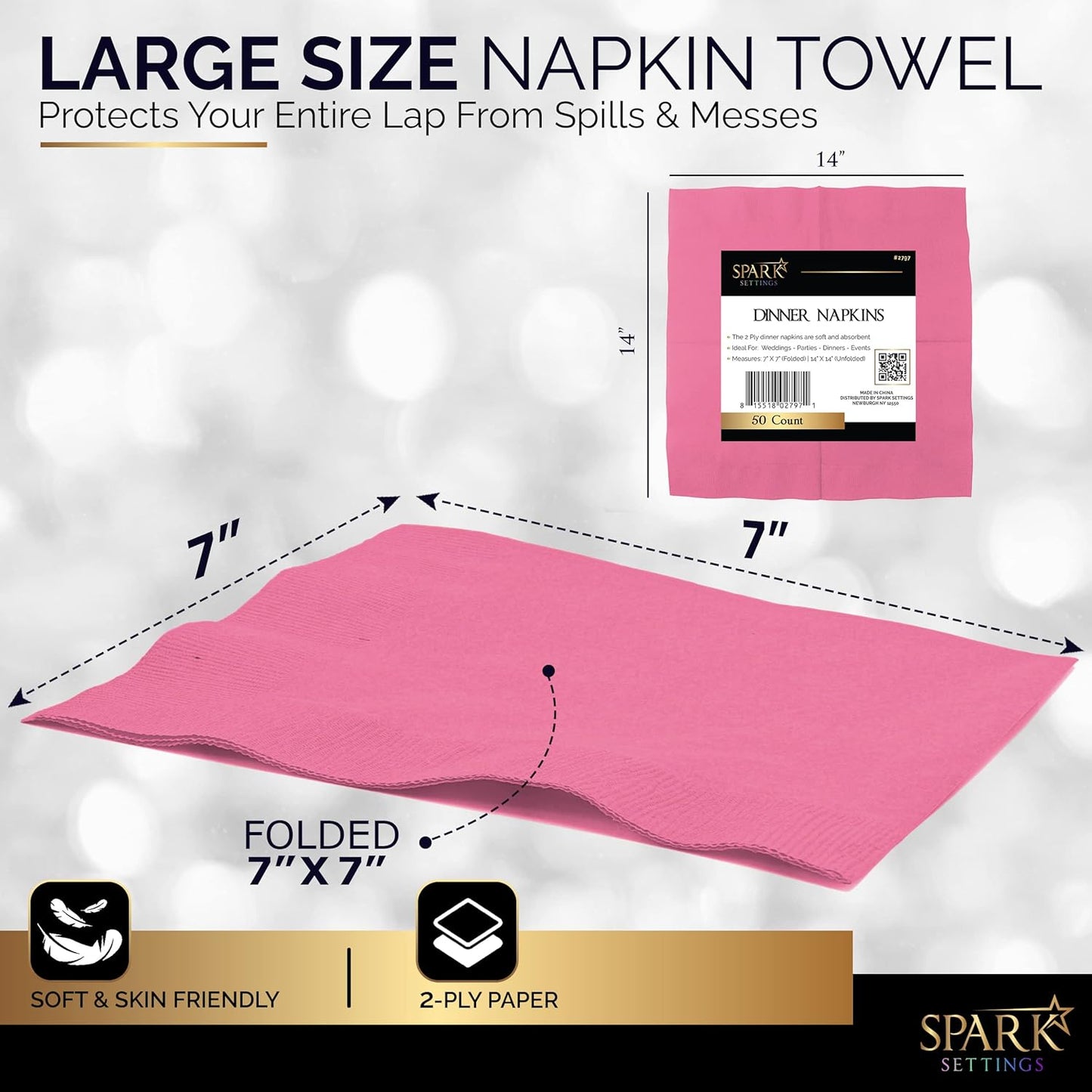 Amcrate Big Party Pack 40 Count Pink Dinner Napkins Tableware- Ideal for Wedding, Party, Birthday, Dinner, Lunch, Cocktails. (7” x 7”)