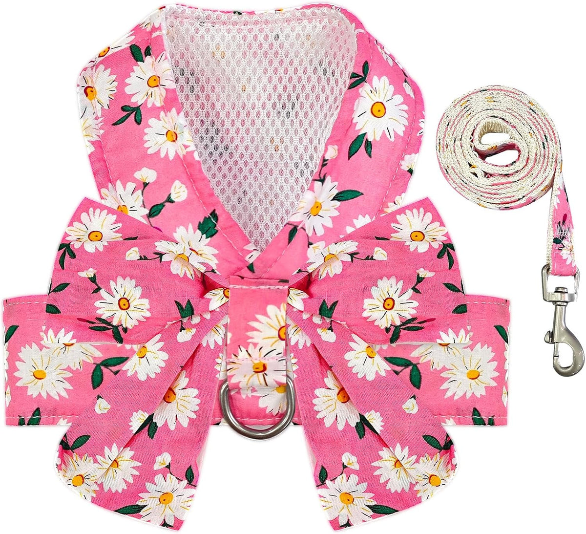 Dog Harness and Leash Set with Bow Knot No Pull Pet Daisy Floral Harness with D-Ring Soft Mesh Dog Harness Vest Set Escape Proof Princess Puppy Harness for Small Girl Dogs Cats（Pink XS）
