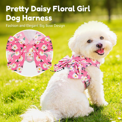 Dog Harness and Leash Set with Bow Knot No Pull Pet Daisy Floral Harness with D-Ring Soft Mesh Dog Harness Vest Set Escape Proof Princess Puppy Harness for Small Girl Dogs Cats（Pink XS）