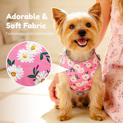Dog Harness and Leash Set with Bow Knot No Pull Pet Daisy Floral Harness with D-Ring Soft Mesh Dog Harness Vest Set Escape Proof Princess Puppy Harness for Small Girl Dogs Cats（Pink XS）