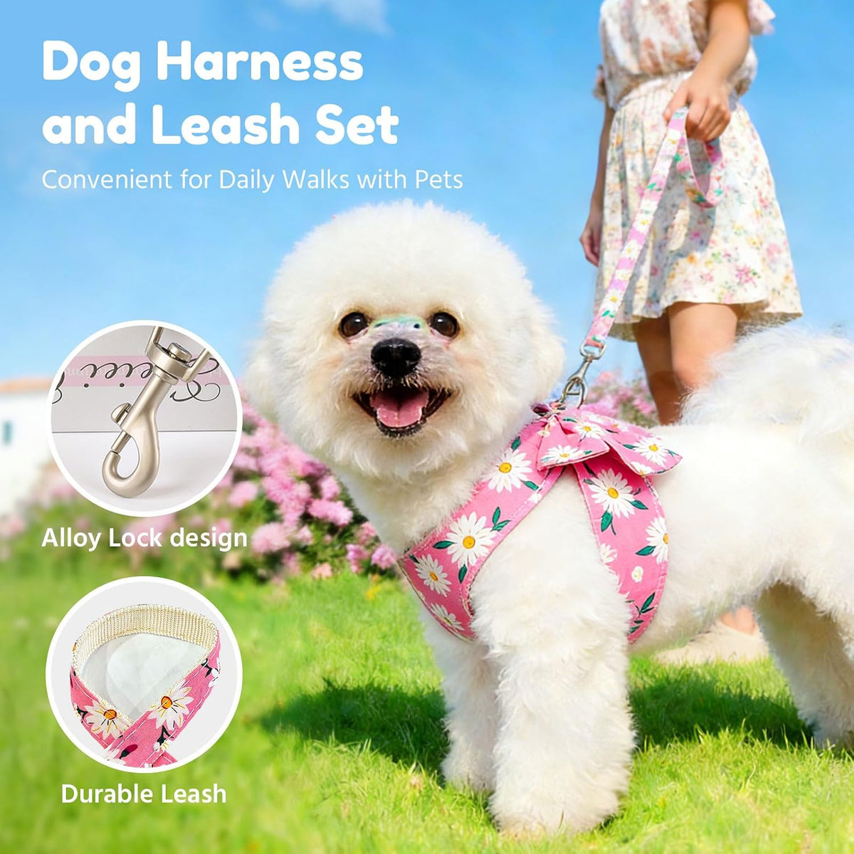 Dog Harness and Leash Set with Bow Knot No Pull Pet Daisy Floral Harness with D-Ring Soft Mesh Dog Harness Vest Set Escape Proof Princess Puppy Harness for Small Girl Dogs Cats（Pink XS）