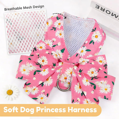 Dog Harness and Leash Set with Bow Knot No Pull Pet Daisy Floral Harness with D-Ring Soft Mesh Dog Harness Vest Set Escape Proof Princess Puppy Harness for Small Girl Dogs Cats（Pink XS）