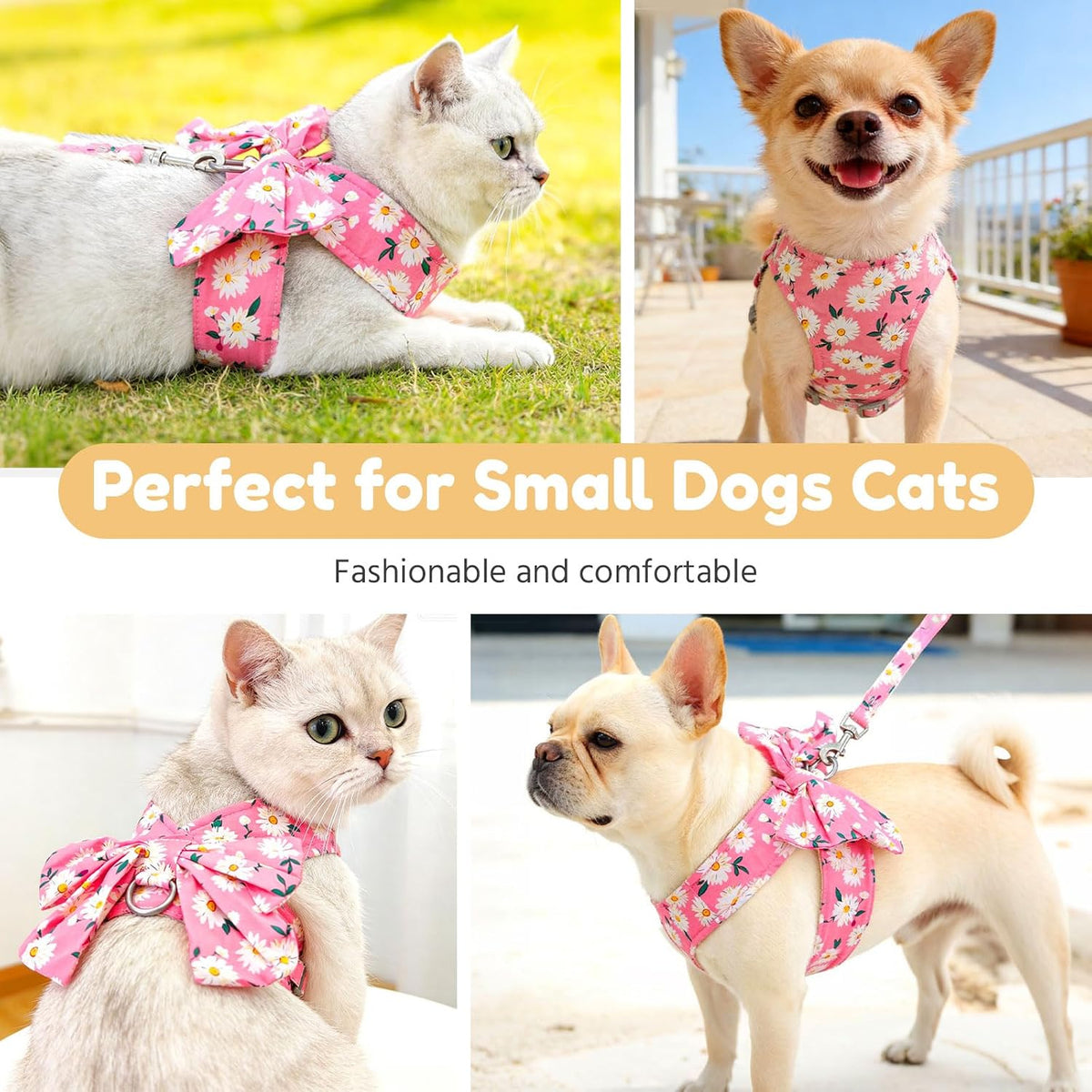Dog Harness and Leash Set with Bow Knot No Pull Pet Daisy Floral Harness with D-Ring Soft Mesh Dog Harness Vest Set Escape Proof Princess Puppy Harness for Small Girl Dogs Cats（Pink XS）