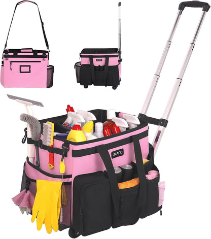 Large Rolling Cleaning Caddy Bag with Detachable Trolley, Pink