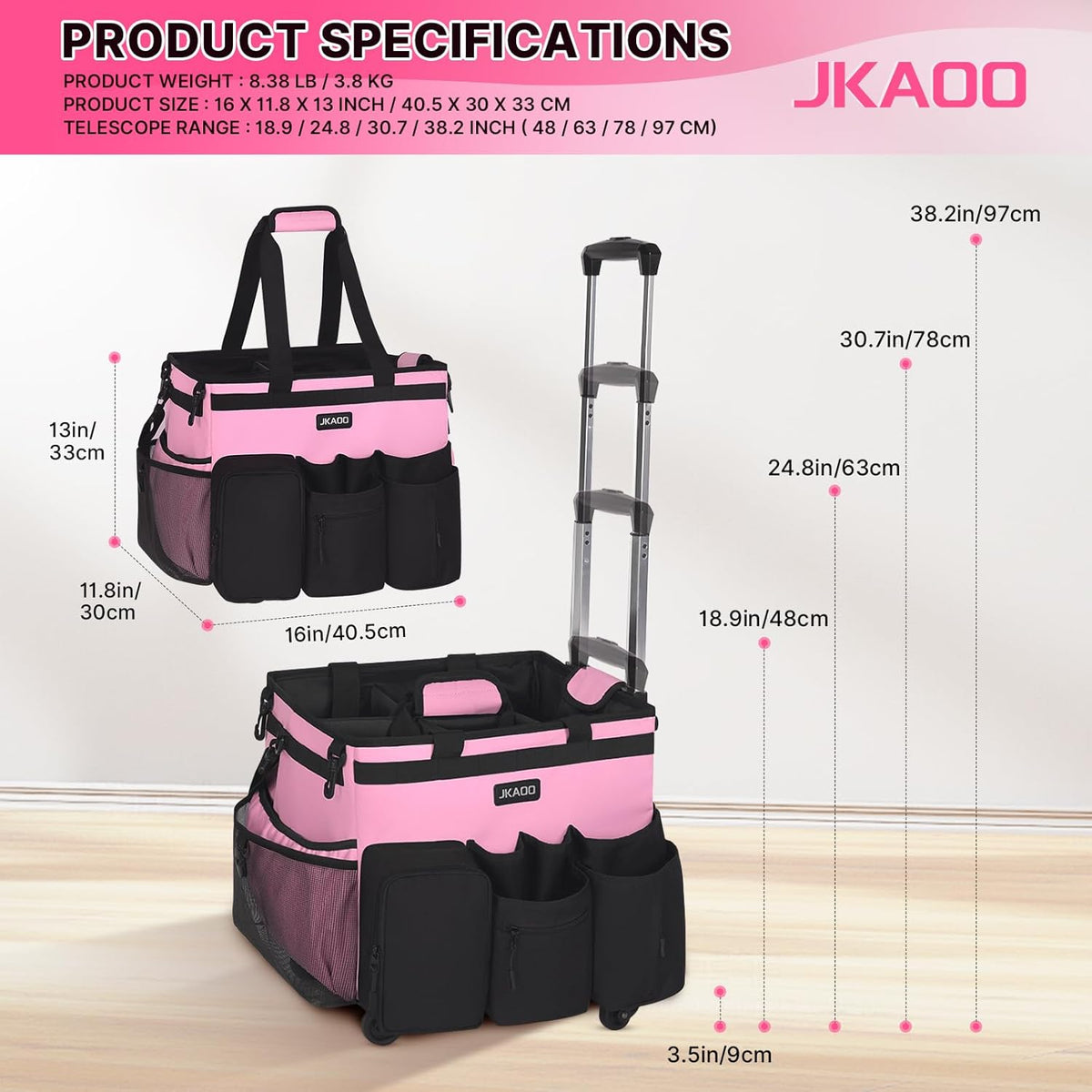 Large Rolling Cleaning Caddy Bag with Detachable Trolley, Pink