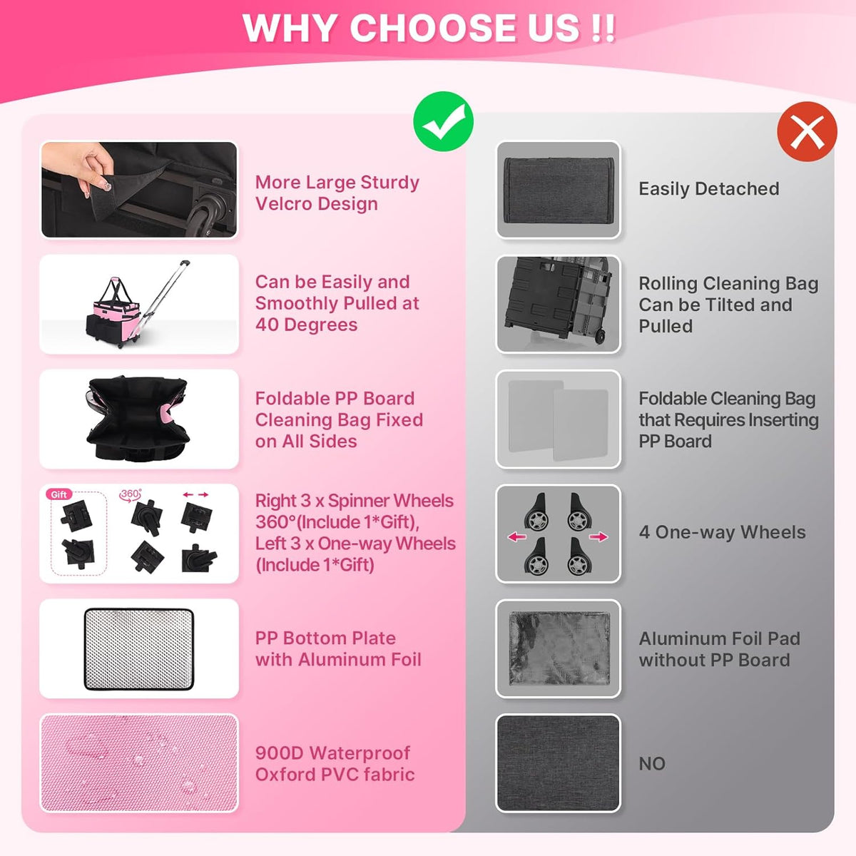 Large Rolling Cleaning Caddy Bag with Detachable Trolley, Pink