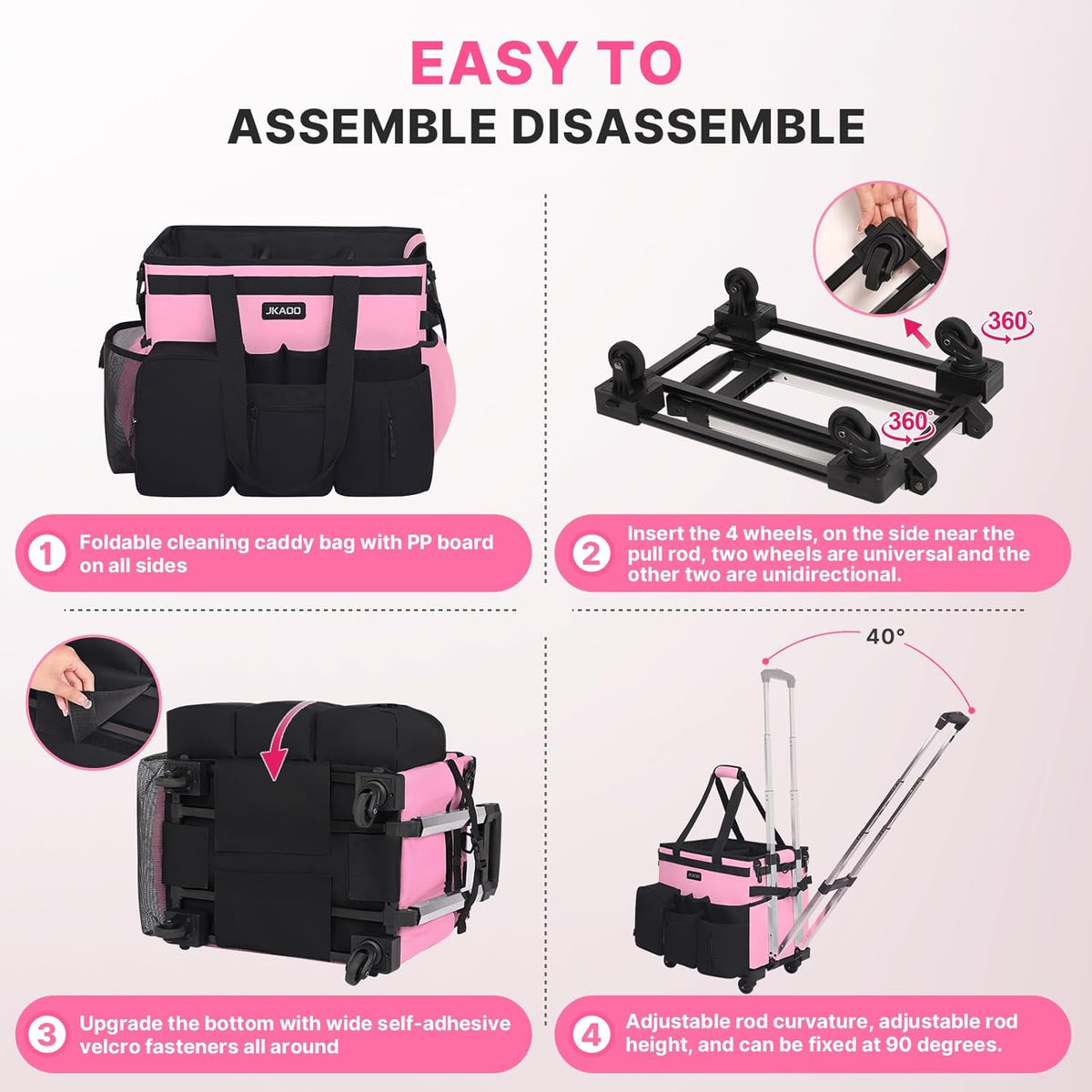 Large Rolling Cleaning Caddy Bag with Detachable Trolley, Pink
