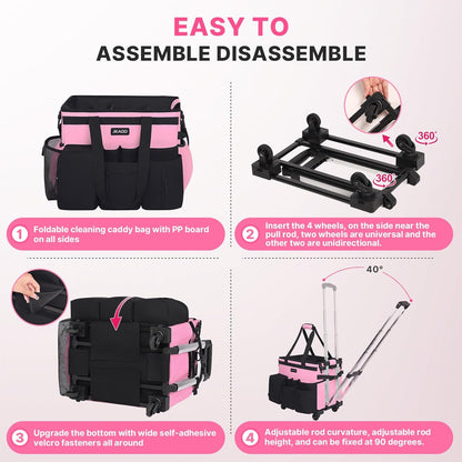 Large Rolling Cleaning Caddy Bag with Detachable Trolley, Pink