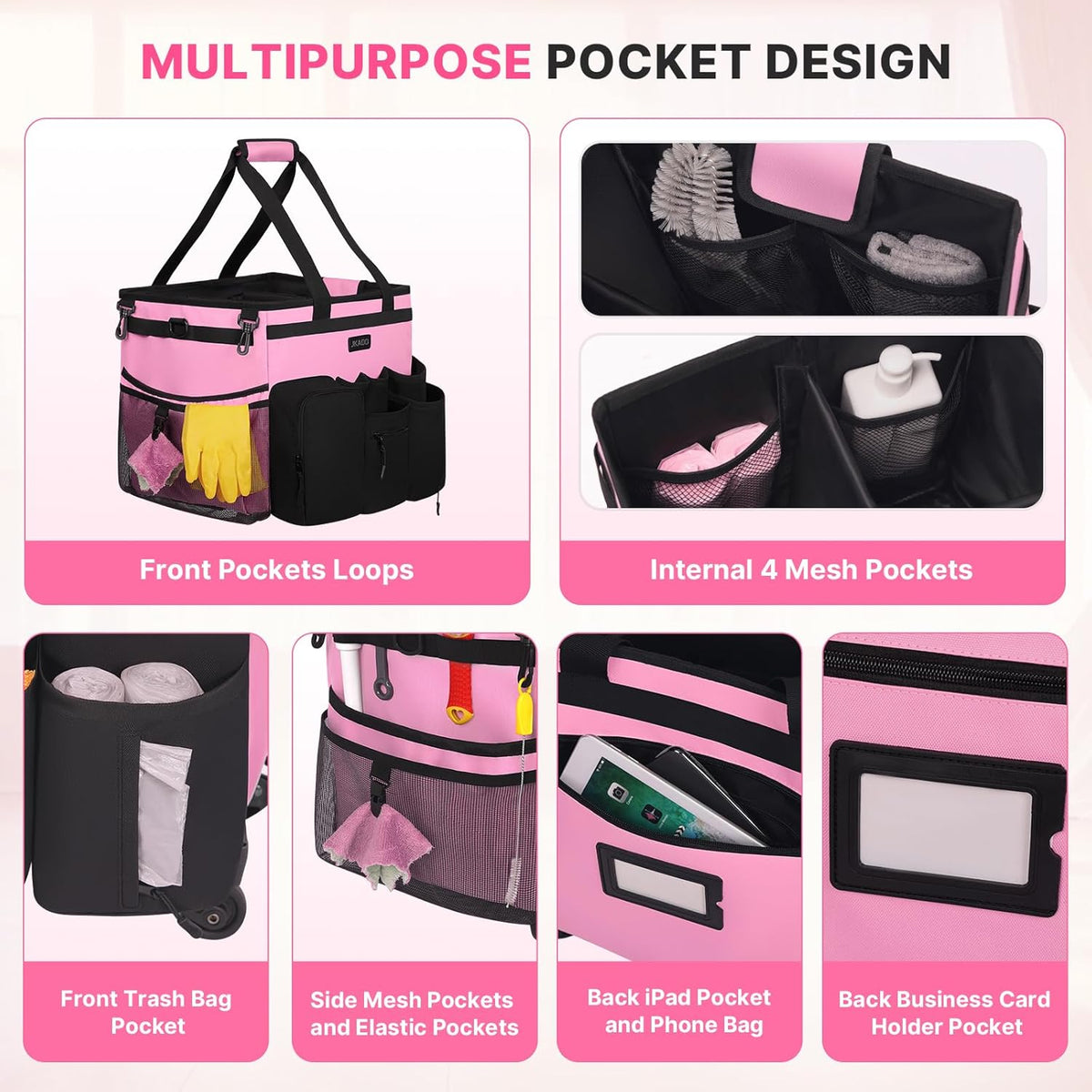 Large Rolling Cleaning Caddy Bag with Detachable Trolley, Pink