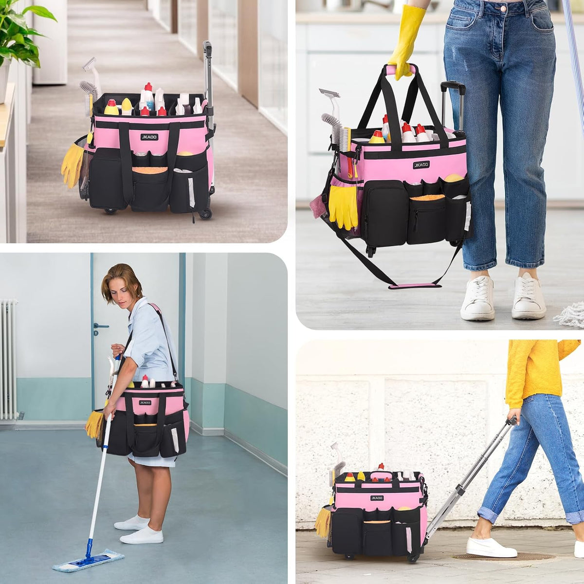Large Rolling Cleaning Caddy Bag with Detachable Trolley, Pink