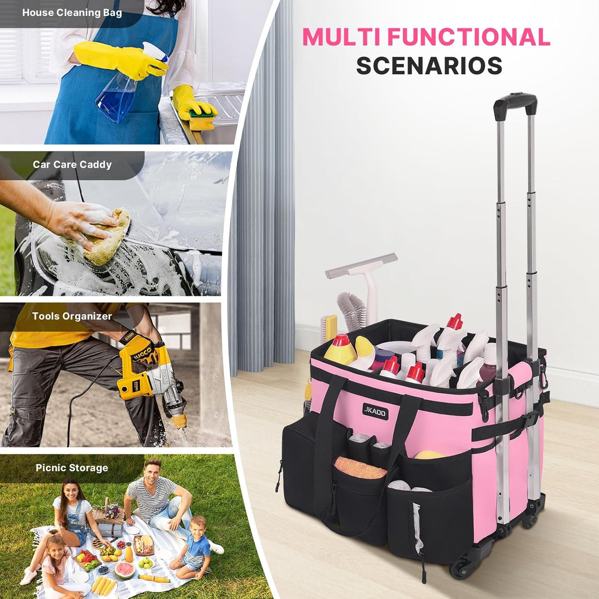 Large Rolling Cleaning Caddy Bag with Detachable Trolley, Pink
