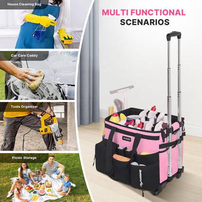 Large Rolling Cleaning Caddy Bag with Detachable Trolley, Pink