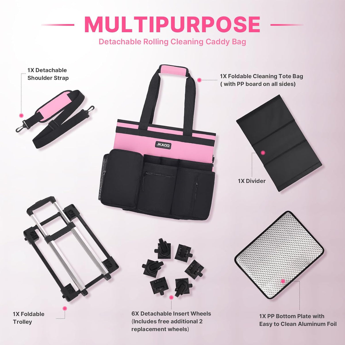 Large Rolling Cleaning Caddy Bag with Detachable Trolley, Pink