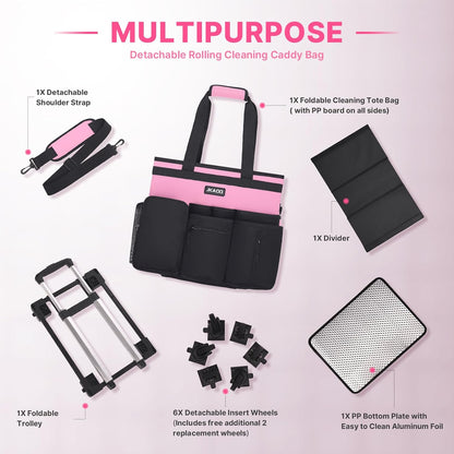 Large Rolling Cleaning Caddy Bag with Detachable Trolley, Pink