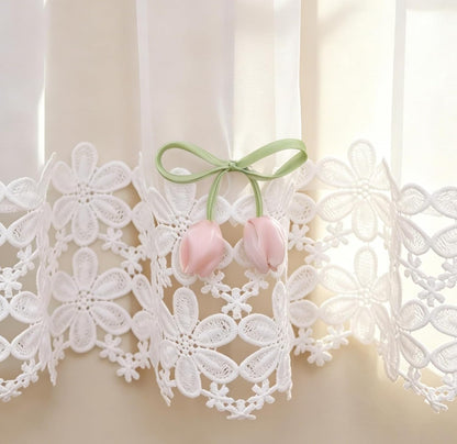 White Sheer Valance Lace Trim Pink Tulip Decor Farmhouse 52W x 18L 1 Panel