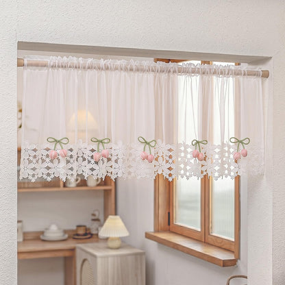 White Sheer Valance Lace Trim Pink Tulip Decor Farmhouse 52W x 18L 1 Panel