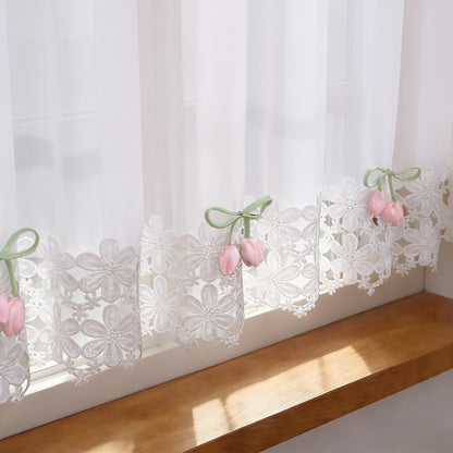 White Sheer Valance Lace Trim Pink Tulip Decor Farmhouse 52W x 18L 1 Panel