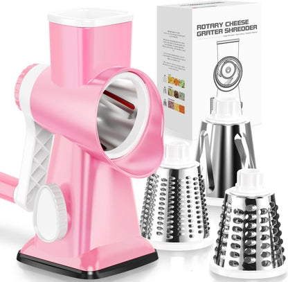 Rotary Cheese Grater Hand Crank Pink - Shredder Slicer Grinder 3 Stainless Steel Blades, Stable Suction, Labor-Saving Handle, Safe Kitchen Tool for Cheese, Vegetable, Nuts, Chocolate