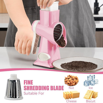 Rotary Cheese Grater Hand Crank Pink - Shredder Slicer Grinder 3 Stainless Steel Blades, Stable Suction, Labor-Saving Handle, Safe Kitchen Tool for Cheese, Vegetable, Nuts, Chocolate