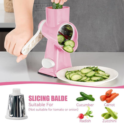 Rotary Cheese Grater Hand Crank Pink - Shredder Slicer Grinder 3 Stainless Steel Blades, Stable Suction, Labor-Saving Handle, Safe Kitchen Tool for Cheese, Vegetable, Nuts, Chocolate