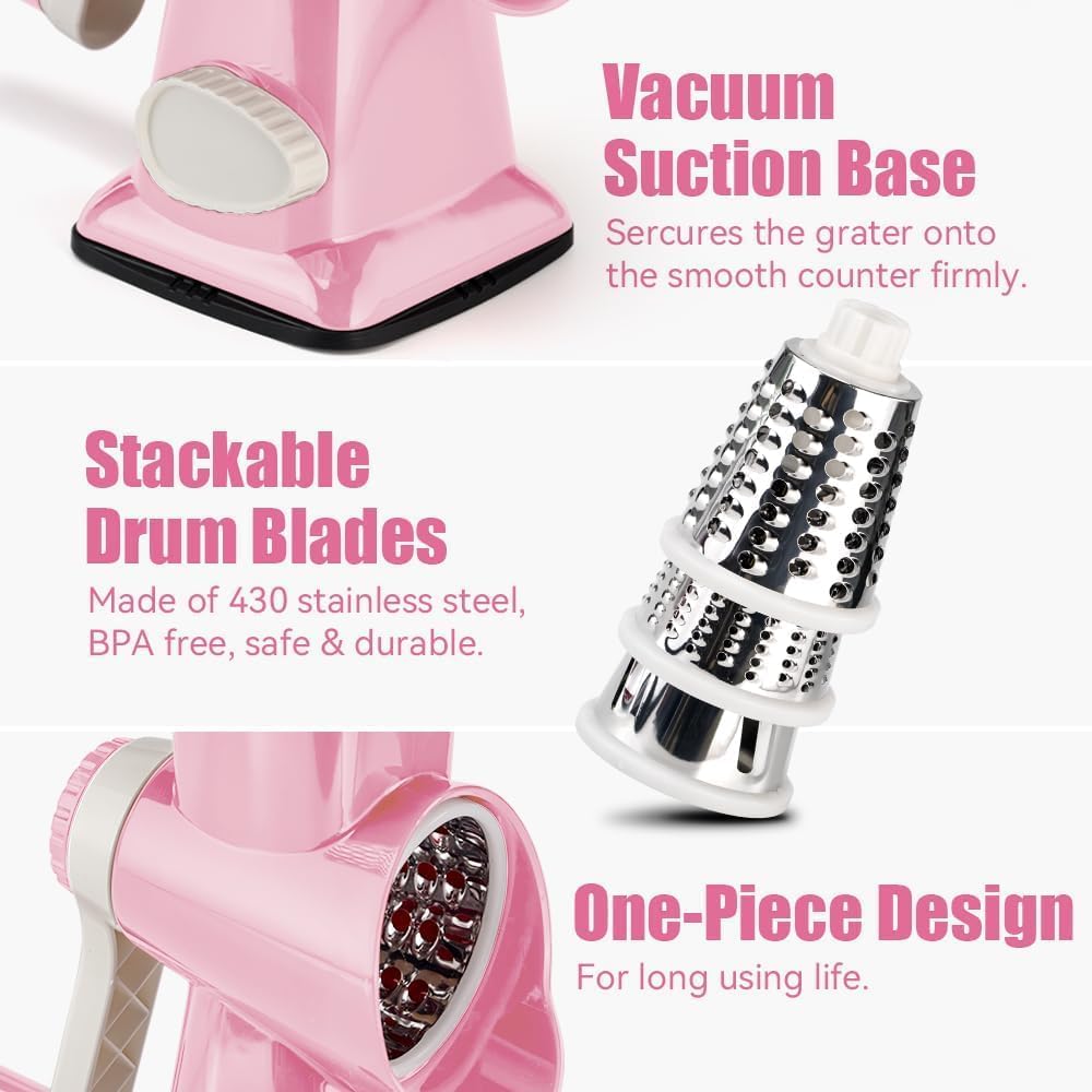 Rotary Cheese Grater Hand Crank Pink - Shredder Slicer Grinder 3 Stainless Steel Blades, Stable Suction, Labor-Saving Handle, Safe Kitchen Tool for Cheese, Vegetable, Nuts, Chocolate