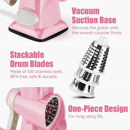 Rotary Cheese Grater Hand Crank Pink - Shredder Slicer Grinder 3 Stainless Steel Blades, Stable Suction, Labor-Saving Handle, Safe Kitchen Tool for Cheese, Vegetable, Nuts, Chocolate