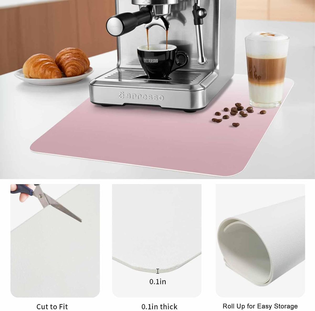 Coffee Mat Ombre Pink Dish Drying Mat for Kitchen Counter Gradient Milky White Coffee Bar Mat for Coffee Maker and Espresso Machine, Coffee Station Accessories 12x20in