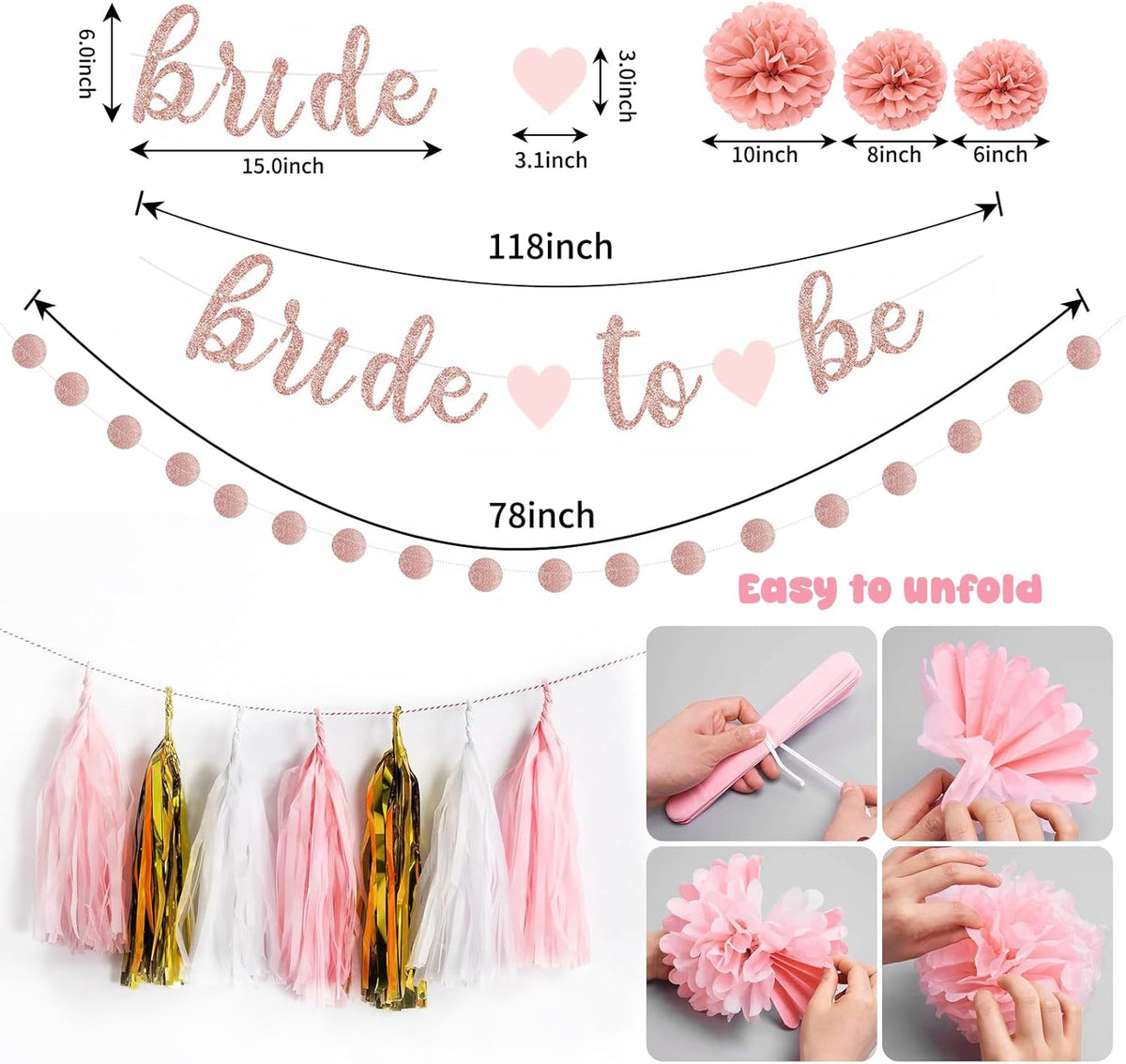 Bachelorette Party Decoration, Pink Bridal Shower Decoration Bride to Be Sign Banner with Fringe Party Curtains and Honeycomb Balls for Fall Wedding Bridal Shower Party Decorations
