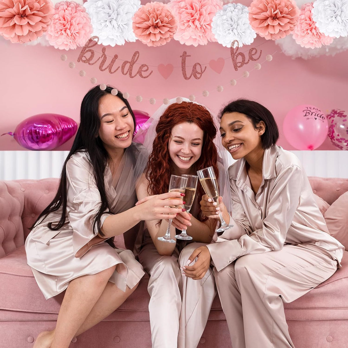Bachelorette Party Decoration, Pink Bridal Shower Decoration Bride to Be Sign Banner with Fringe Party Curtains and Honeycomb Balls for Fall Wedding Bridal Shower Party Decorations