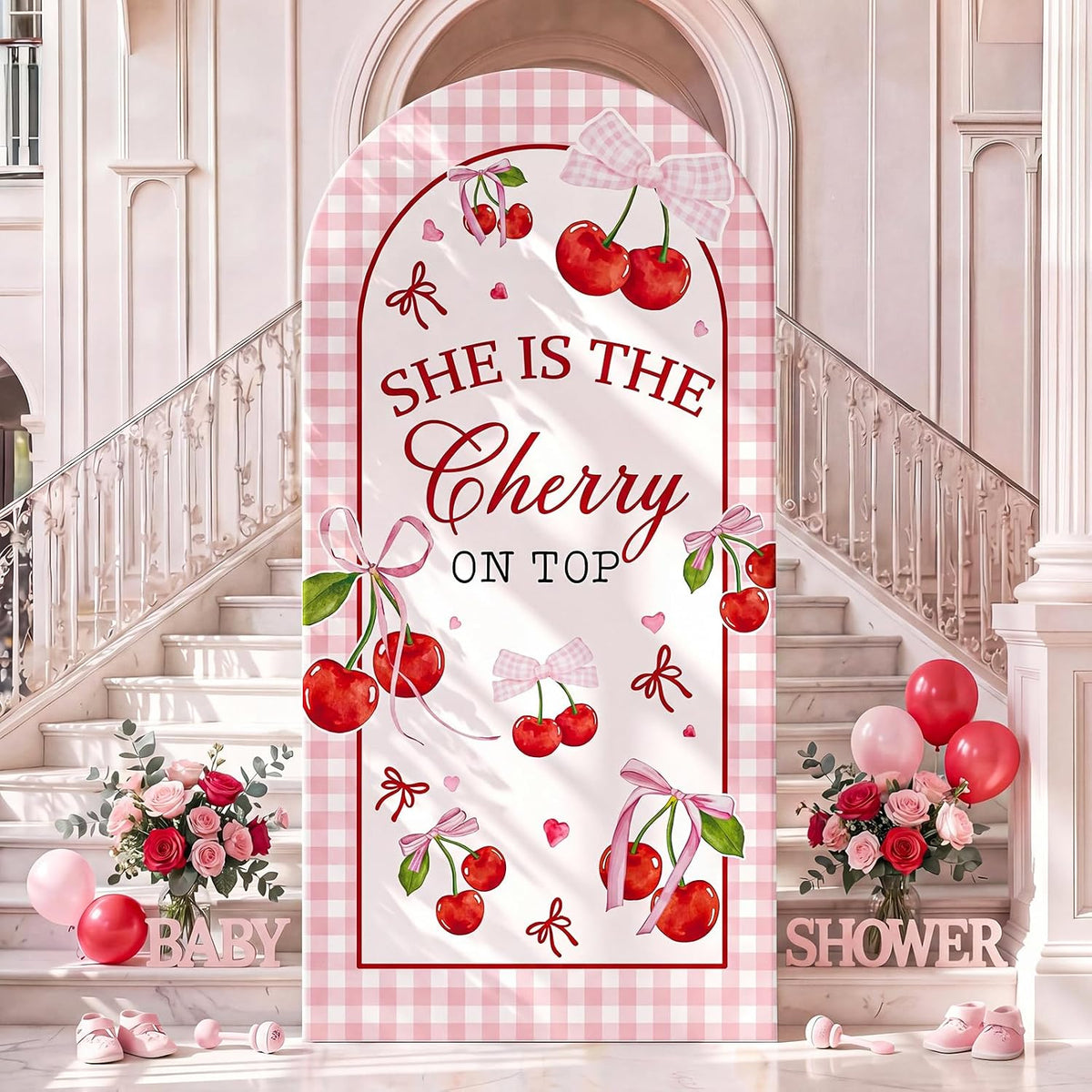 7.2ft She is Cherry on Top Arch Backdrop Cover Pink Cherry Backdrop