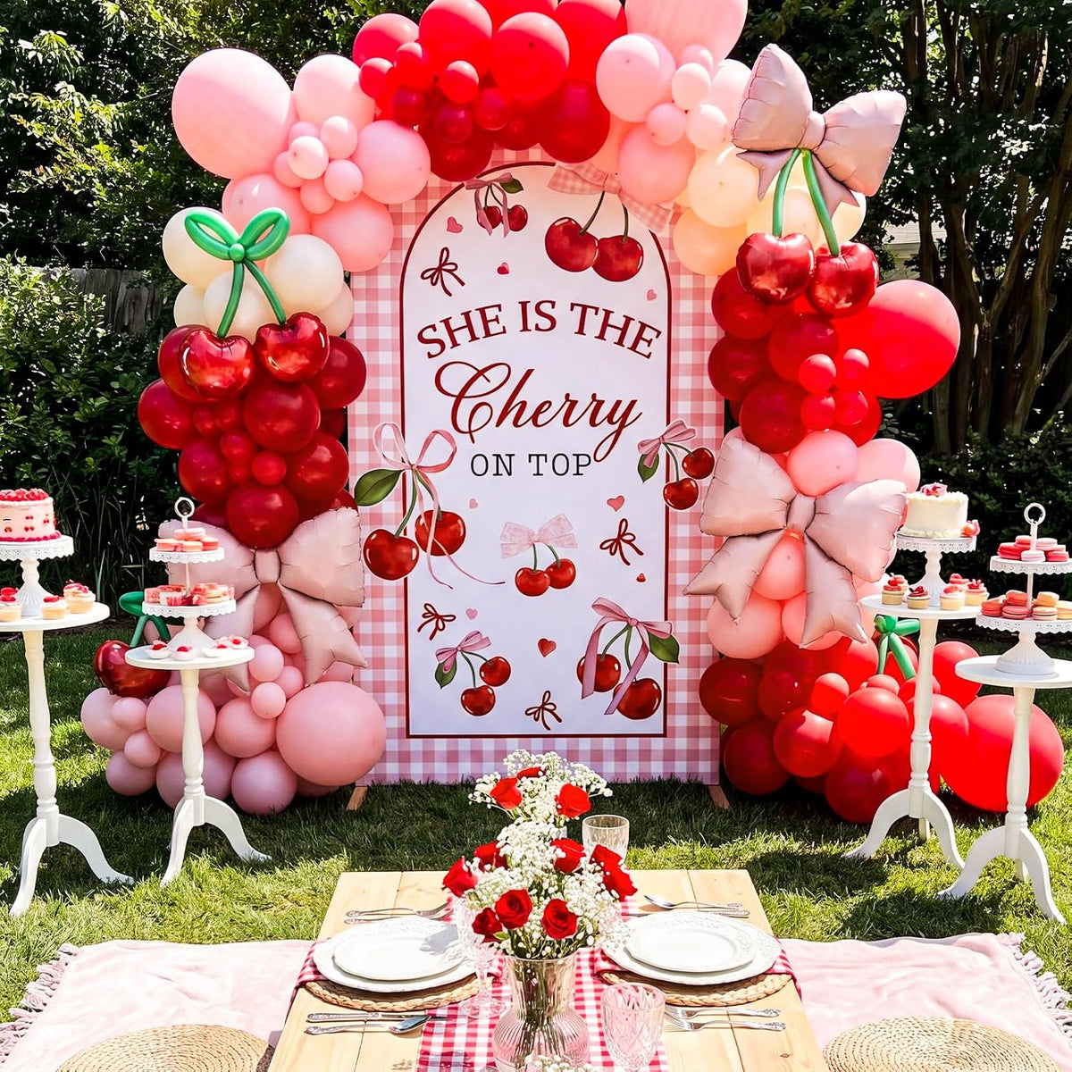 7.2ft She is Cherry on Top Arch Backdrop Cover Pink Cherry Backdrop