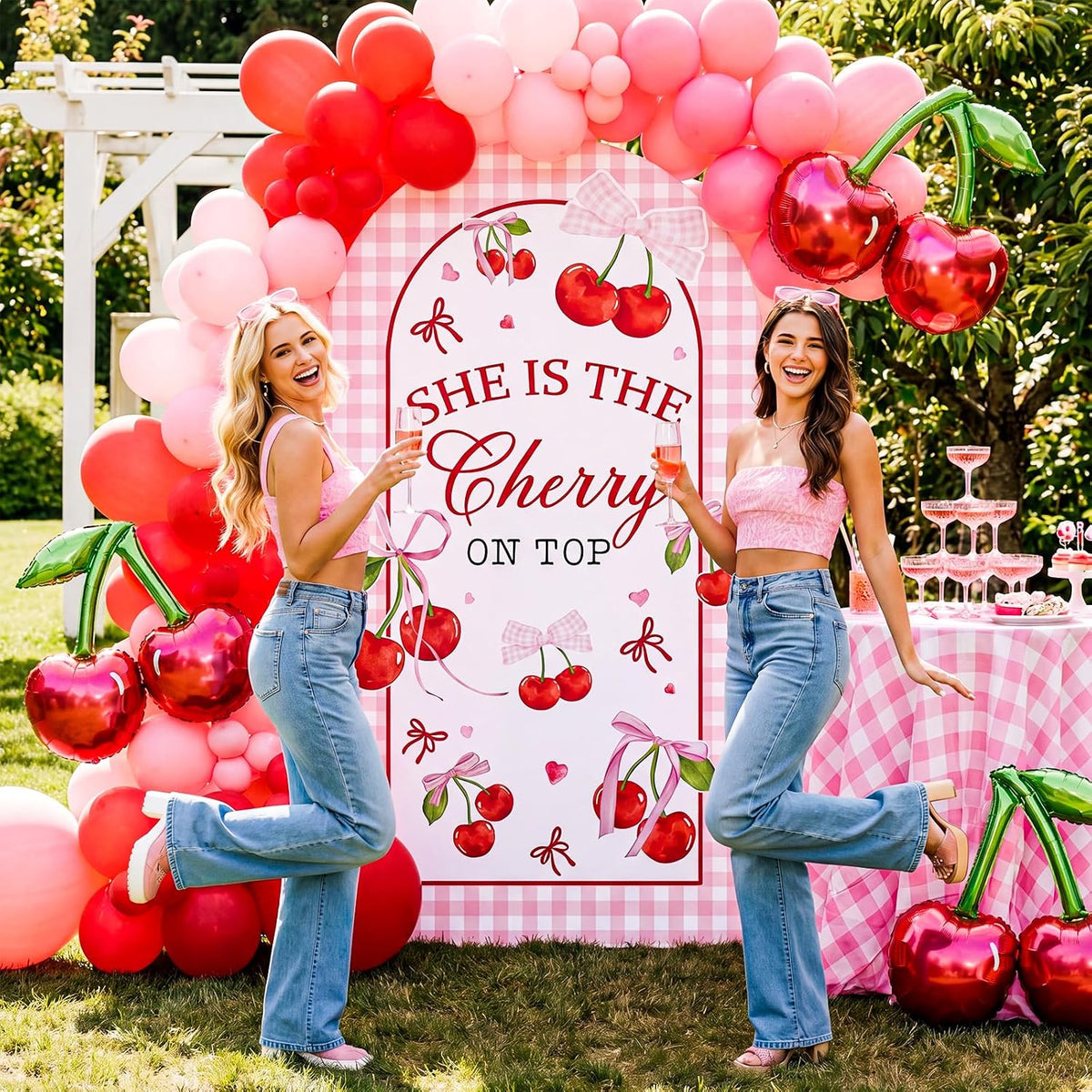 7.2ft She is Cherry on Top Arch Backdrop Cover Pink Cherry Backdrop